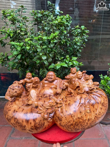 Tượng Phật Di Lặc Tam Phúc Gỗ Nu Ngọc Am Cao 32 Ngang 65 Sâu 33 (cm)