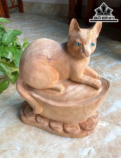 Tượng Mèo Ngồi Khay Vàng Gỗ Ngọc Am Cao 37 Ngang 32 Sâu 17 (cm)