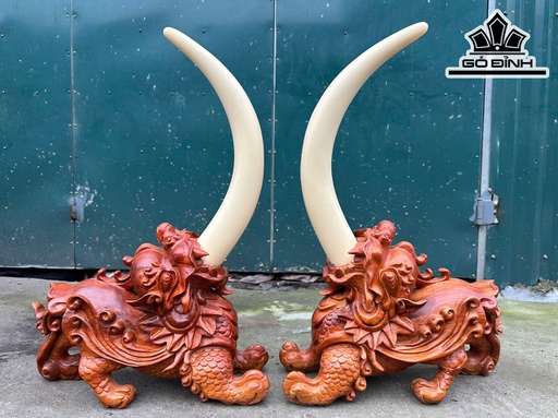 Cặp Tỳ Hưu Gỗ Hương Cao Cả Ngà 60 - Riêng Tượng Cao 27 Ngang 40 Sâu 15 (cm)