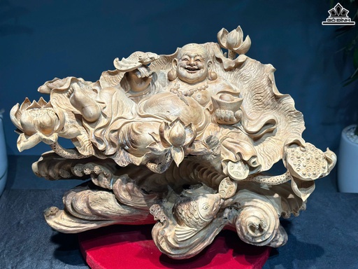 Tượng Phật Di Lặc Ngự Liên Hoa Gỗ Ngọc Am Cao 47 Ngang 65 Sâu 43 (cm)