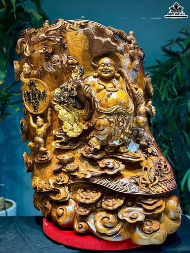 Tượng Phật Di Lặc Ngự Cuốn Thư Gỗ Hương Cao 75 Ngang 64 Sâu 48 (cm)