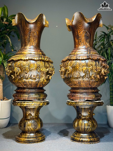 Lục Bình Củ Tỏi Tùng Cúc Trúc Mai Gỗ Xà Cừ Cao 162 Đường Kính 60 (cm) - Đế Cao 51 (cm)