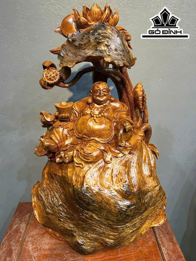 Tượng Phật Di Lặc Ngự Liên Hoa Gỗ Nu Ngọc Am Cao 74 Ngang 45 Sâu 26 (cm)