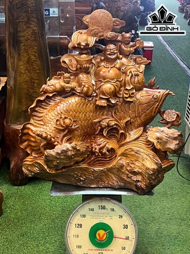 Tượng Phật Di Lặc Ngự Kim Long Tài Lộc Gỗ Nu Ngọc Am Cao 73 Ngang 71 Sâu 38 (cm)