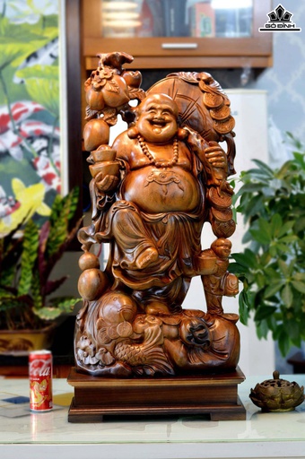 Tượng Phật Di Lặc Nhất Phúc Vác Đào Gỗ Xá Xị Cao Cả Kỷ 90 Ngang 40 Sâu 20 (cm) - Kỷ Cao 10 (cm)