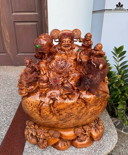 Tượng Thần Tài Gỗ Nu Ngọc Am Cao 68 Ngang 52 Sâu 24 (cm)