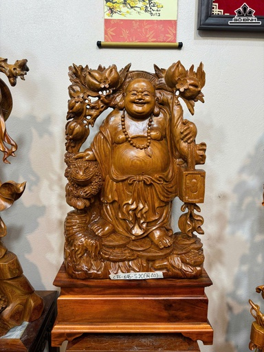 Tượng Phật Di Lặc Vác Cành Đào Gỗ Ngọc Am Cao 86 Ngang 46 Sâu 20 (cm)