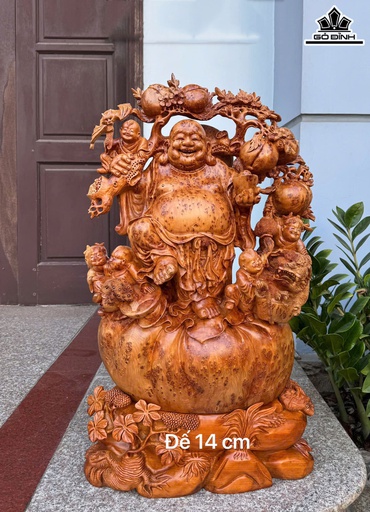 Tượng Phật Di Lặc Ngũ Phúc Vác Đào Gỗ Nu Ngọc Am Cao 76 Ngang 43 Sâu 25 (cm)