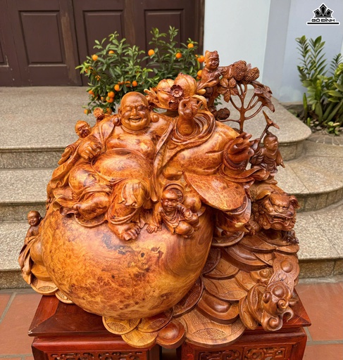 Tượng Phật Di Lặc Ngũ Phúc Gỗ Nu Hương Cao 59 Ngang 75 Sâu 38 (cm)