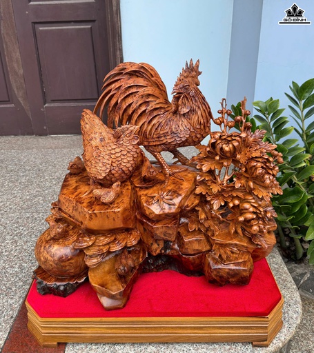 Tượng Gia Đình Gà Gỗ Nu Ngọc Am Cao 65 Ngang 63 Sâu 35 (cm)