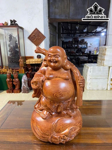 Tượng Phật Di Lặc Vác Bị Tiền Vàng Gỗ Hương Cao 50 Ngang 28 Sâu 26 (cm)