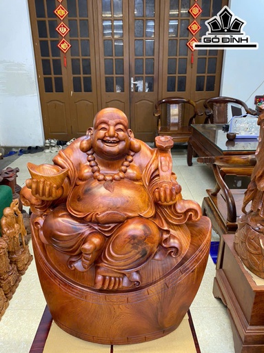 Tượng Phật Di Lặc Ngồi Bát Vàng Gỗ Hương Cao 68 Ngang 60 Sâu 35 (cm)
