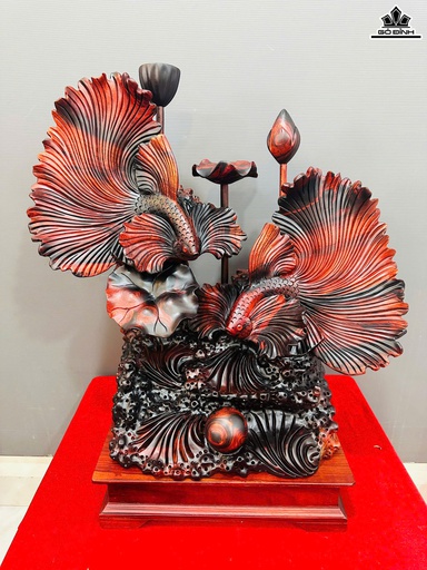 Tượng Song Ngư Tài Lộc Gỗ Trắc Cao 69 Ngang 63 Sâu 30 (cm)