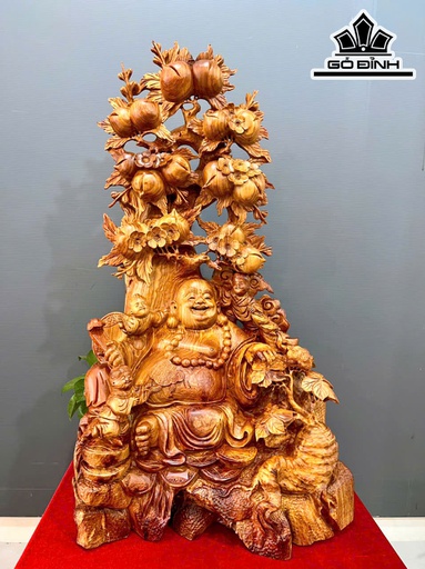 Tượng Phật Di Lặc Tam Phúc Ngự Gốc Đào Gỗ Hương Cao 86 Ngang 55 Sâu 42 (cm)