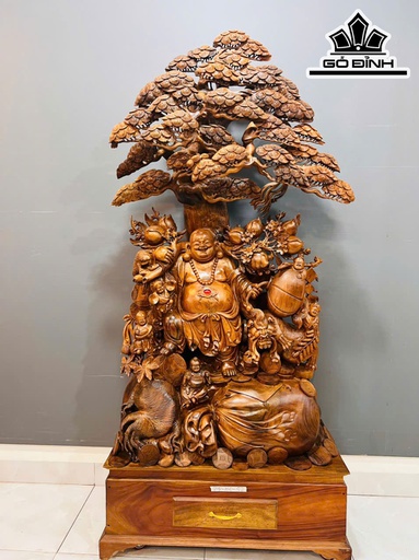 Tượng Phật Di Lặc Ngũ Phúc Ngự Gốc Tùng Gỗ Bách Xanh Cao 218 Ngang 100 Sâu 52 (cm)