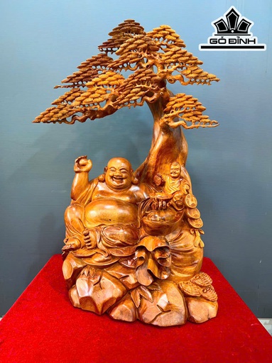 Tượng Phật Di Lặc Ngự Gốc Tùng Gỗ Hương Cao 88 Ngang 58 Sâu 45 (cm)