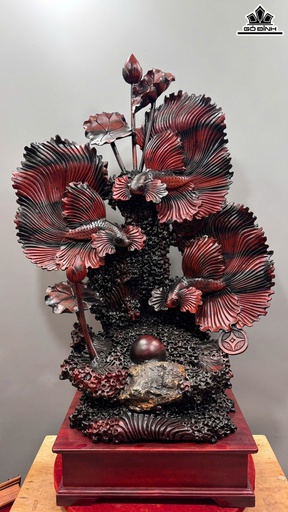 Tượng Tam Ngư Chầu Ngọc ( Cá Xiêm) Gỗ Trắc Cao Cả Kỷ 124 Ngang 68 Sâu 35 (cm) - Kỷ Cao 15 (cm)