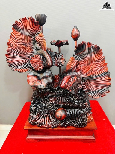 Tượng Cá Xiêm Đôi Gỗ Trắc Cao 72 Ngang 62 Sâu 30 (cm)