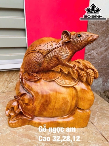 Tượng Chuột Phong Thủy Gỗ Ngọc Am Cao 32 Ngang 28 Sâu 12 (cm)