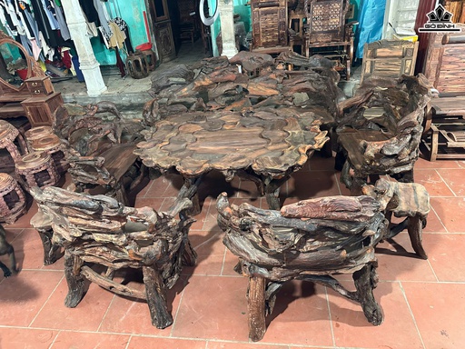 Bộ Bàn Ghế Gốc Cây Gỗ Trắc 8 Món - Ghế Dài 220x58 - Ghế Đơn 88x52 - Bàn Dài 172x136 - Đôn 35x40 (cm)