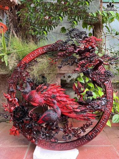 Tác Phẩm Chim Công Uyên Ương Bốn Mùa Gỗ Trắc Cao 110 Ngang 105 Sâu 23 (cm)