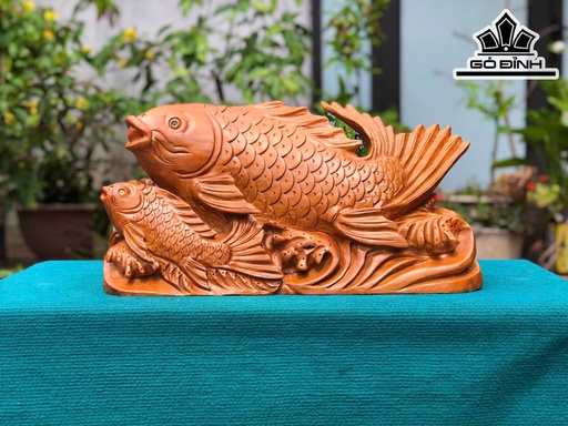 Tượng Cá Chép Mẫu Tử Gỗ Ngọc Am Cao 29 Ngang 52 Sâu 20 (cm) - 12kg