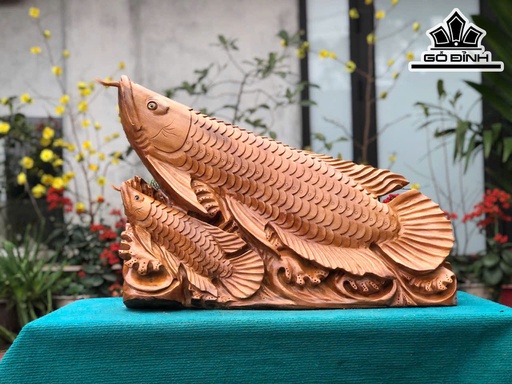 Tượng Cá Kim Long Mẫu Tử Gỗ Ngọc Am Cao 45 Ngang 63 Sâu 16 (cm)