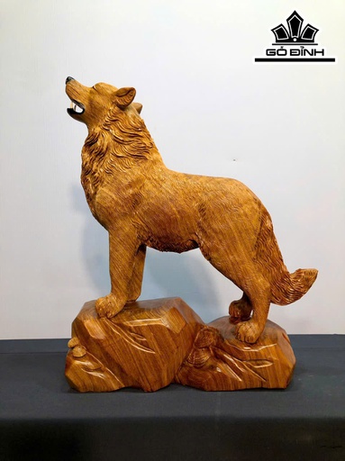 Tượng Chó Sói Vàng Gỗ Hương Cao 55 Ngang 43 Sâu 15 (cm)