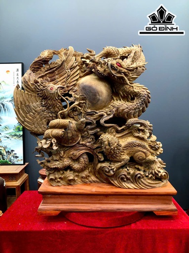 Tượng Long Lân Quy Phụng Gỗ Bách Xanh Cao 69 Ngang 60 Sâu 23 (cm)