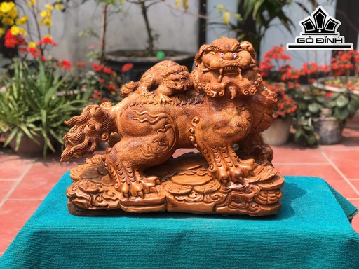 Tượng Nghê Mẫu Tử Gỗ Nu Ngọc Am Cao 48 Ngang 60 Sâu 32 (cm)