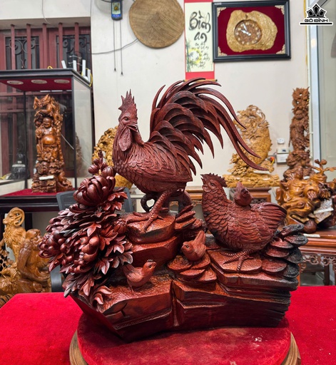 Tượng Gia Đình Gà Gỗ Trắc Cao 58 Ngang 62 Sâu 20 (cm)