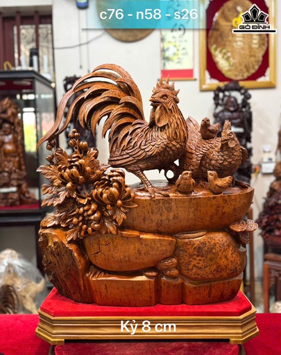 Tượng Gia Đình Gà Toàn Gia Phúc Gỗ Nu Ngọc Am Cao 76 Ngang 58 Sâu 26 (cm)