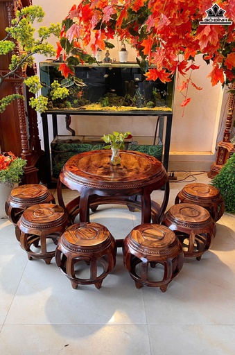 Bộ Đôn 7 Món Gỗ Cẩm Việt Bàn Cao 62 Mặt Bàn Rộng 76  - Ghế Cao 34 - Đường Kính Mặt Ghế Rộng 28 (cm)
