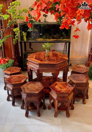 Bộ Đôn Lục Lăng 7 Món Gỗ Cẩm Việt - Bàn Cao 70 Mặt Bàn Rộng 81 - Ghế Cao 41 - Đường Kính Mặt Ghế Rộng 36 (cm)