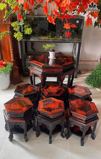 Bộ Đôn Lục Lăng 7 Món Gỗ Trắc Việt - Bàn Cao 71 Mặt Bàn Rộng 81 - Ghế Cao 42 - Đường Kính Mặt Ghế Rộng 37 (cm)