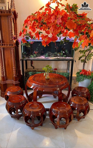 Bộ Đôn Trống 7 Món Gỗ Hương Việt - Bàn Cao 62 Mặt Bàn Rộng 76 - Ghế Cao 35 - Đường Kính Mặt Ghế Rộng 28 (cm)
