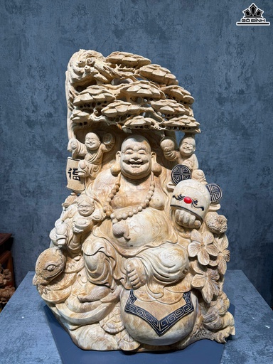 Tượng Phật Di Lặc Tam Phúc Ngự Gốc Tùng Gỗ Ngọc Am Cao 88 Ngang 66 Sâu 50 (cm) - 70kg