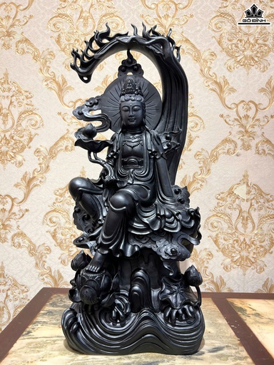 Tượng Phật Bà Quan Âm Gỗ Mun Hoa ( Sơn Đen) Cao 58 Ngang 26 Sâu 18 (cm)