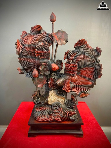 Tượng Cá Xiêm Đôi Gỗ Trắc Cao 83 Ngang 58 Sâu 25 (cm)