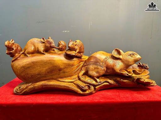 Tượng Gia Đình Chuột Gỗ Hương Cao 21 Ngang 52 Sâu 16 (cm)