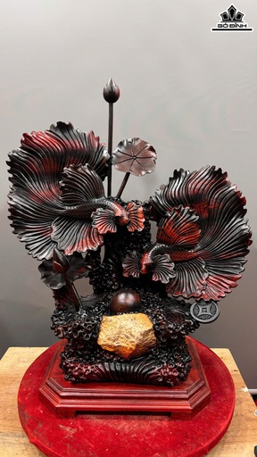 Tượng Song Ngư Chầu Ngọc Gỗ Trắc Cao 80 Ngang 66 Sâu 27 (cm) - Kỷ Cao 7 (cm)