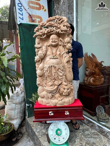 Tượng Phật Di Lặc Nhị Phúc Vác Đào Gỗ Ngọc Am Cao 145 Ngang 58 Sâu 28 (cm)