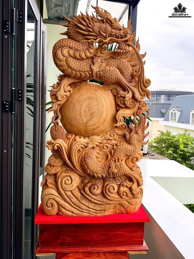Tượng Nhất Long Vờn Ngọc Gỗ Ngọc Am Cao 135 Ngang 56 Sâu 16 (cm)