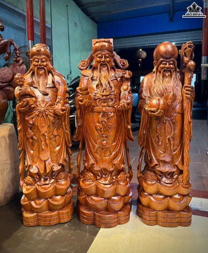 Tượng Phúc Lộc Thọ (Tam Đa) Gỗ Hương Cao 80 Ngang 25 Sâu 22 (cm)
