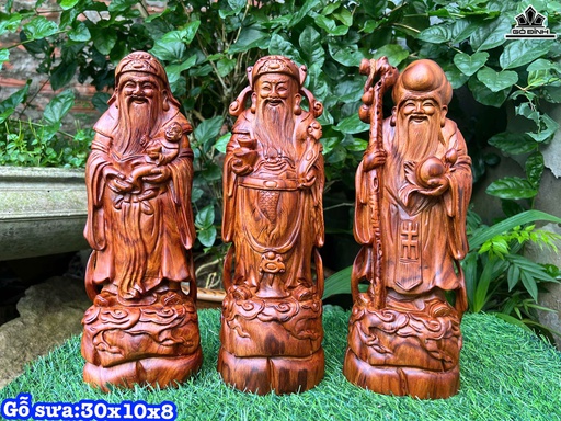 Tượng Phúc Lộc Thọ (Tam Đa) Gỗ Sưa Cao 30 Ngang 10 Sâu 8 (cm)
