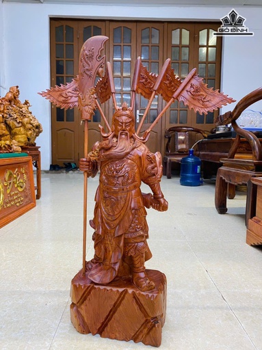 Tượng Quan Công Chống Đao 5 Cờ Gỗ Hương Cao 60 Ngang 25 Sâu 15 (cm)