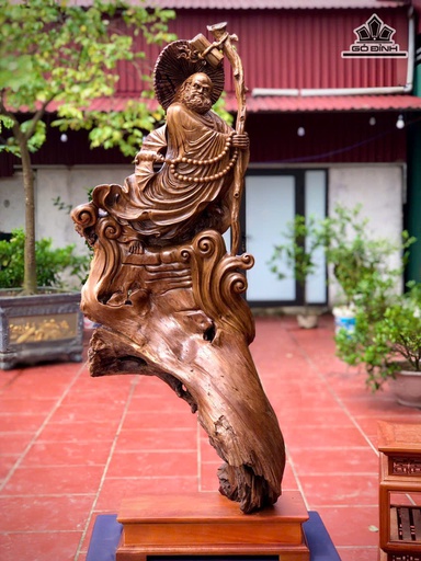 Tượng Đạt Ma Sư Tổ Gỗ Bách Xanh Cao 128 Ngang 50 Sâu 32 (cm)