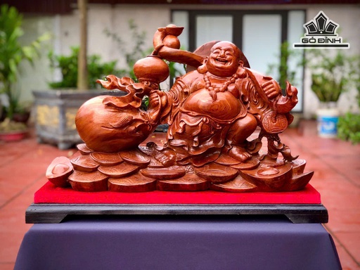 Tượng Phật Di Lặc Kéo Bao Tiền Gỗ Hương Cao 42 Ngang 60 Sâu 19 (cm)