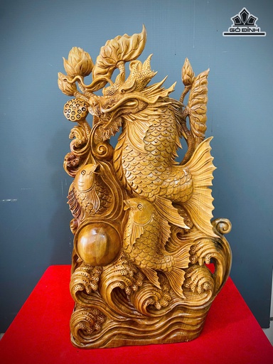 Tượng Cá Chép Hóa Rồng Gỗ Ngọc Am Cao 77 Ngang 42 Sâu 20 (cm)