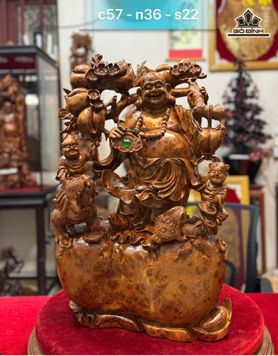 Tượng Phật Di Lặc Vác Cành Đào Gỗ Nu Ngọc Am Cao 57 Ngang 36 Sâu 22 (cm)